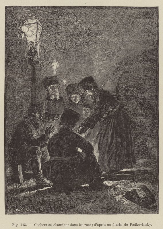 Sokaklarda ısınan arabacılar (gravür) by French School