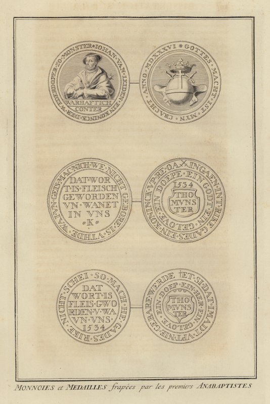 İlk Anabaptistler tarafından basılan madeni paralar ve madalyalar (gravür) by French School