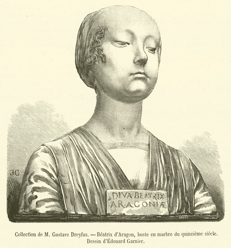 M Gustave Dreyfus Koleksiyonu, Aragonlu Beatrix, on beşinci yüzyıldan kalma mermer büst (gravür) by French School