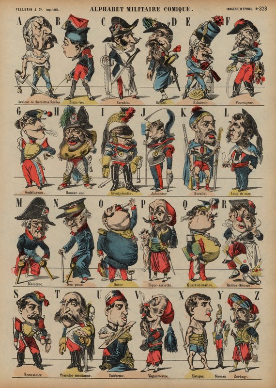 Komik askeri alfabe (renkli gravür) by French School