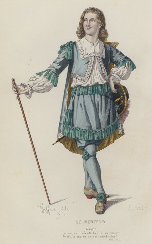 Corneille, Yalancı, Perde I, Sc I (renkli gravür) by French School