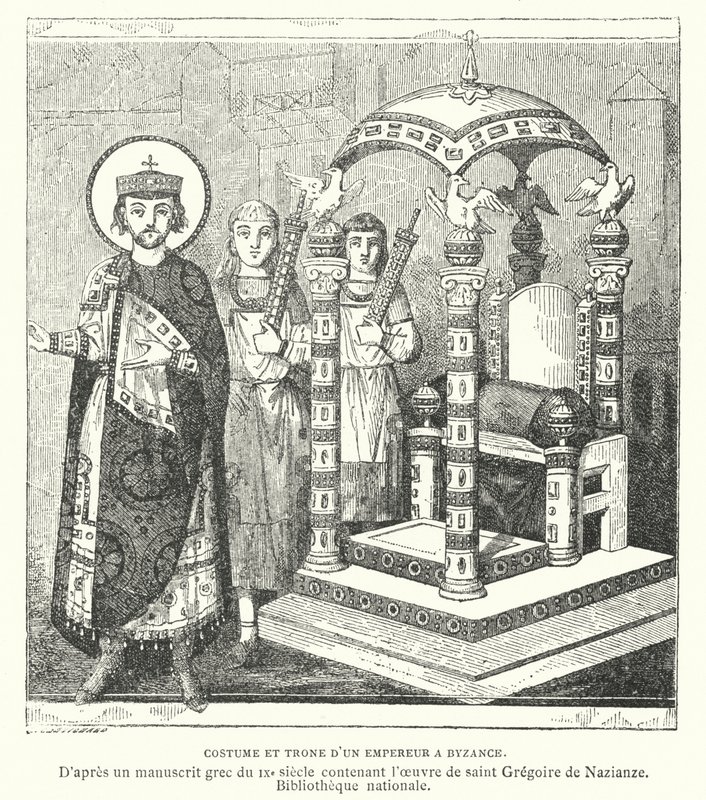 Bir Bizans imparatorunun kostümü ve tahtı, 9. Yüzyıl (gravür) by French School