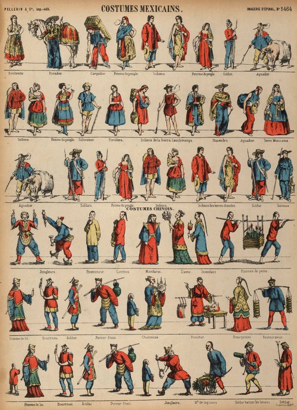Meksika ve Çin kostümleri (renkli gravür) by French School