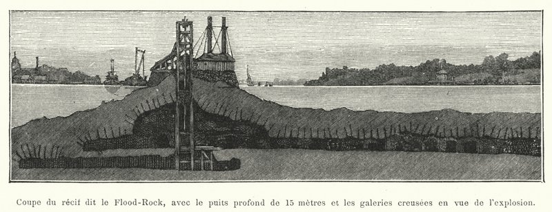 15 metre derinliğindeki kuyusu ve patlama için açılan galerilerin bulunduğu Flood-Rock olarak adlandırılan resifin bölümü (gravür) by French School