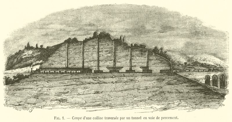Delme işlemi sırasında bir tünelin geçtiği bir tepenin kesiti (gravür) by French School