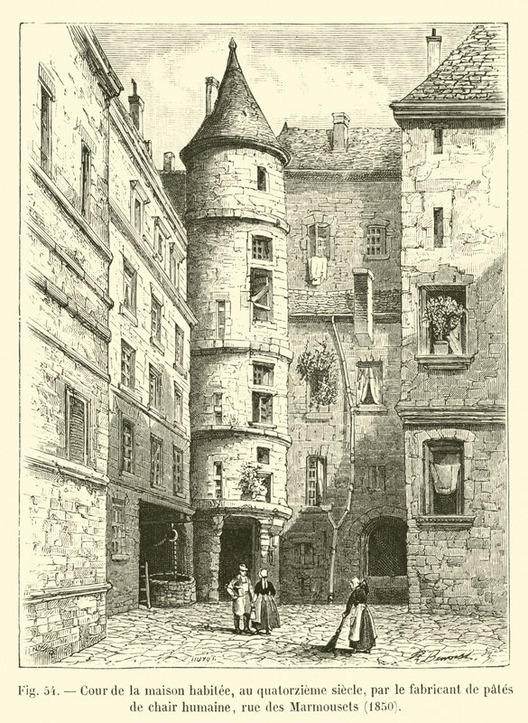 On dördüncü yüzyılda insan etinden makarna yapan kişinin yaşadığı evin avlusu, rue des Marmousets, 1850 by French School
