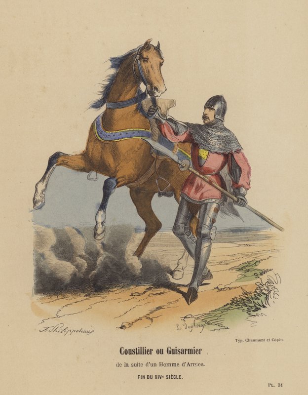 Coustillier veya Guisarmier, Silahlı Birinin Süitinde, Geç 14. Yüzyıl (renkli gravür) by French School