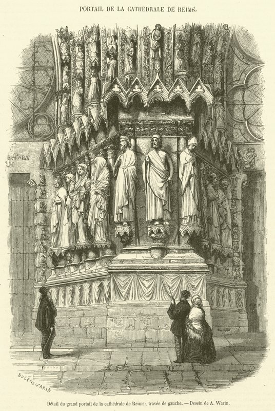 Reims katedralinin ana portalının detayı, sol bölme (gravür) by French School