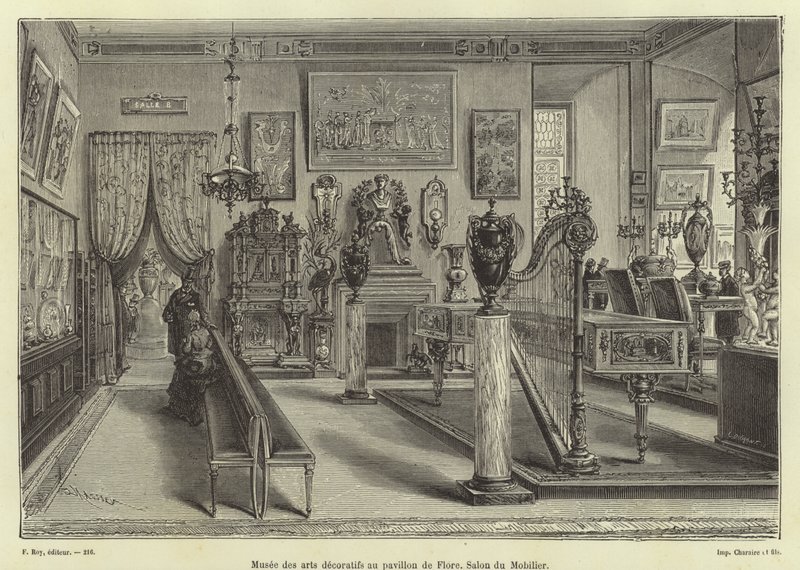 Oturma odası mobilyalarının sergilenmesi, Pavillon de Flore, Louvre Sarayı, Paris by French School