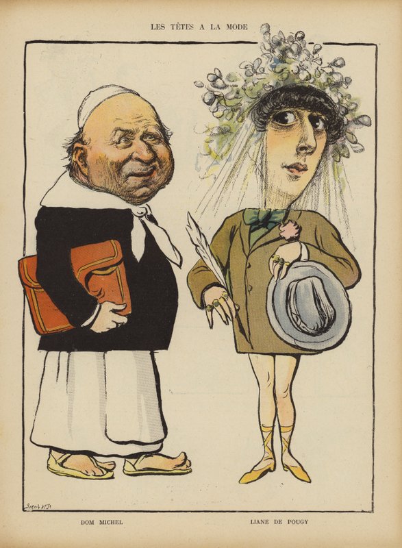 Dom Michel ve Fransız dansçı ve fahişe Liane de Pougy. Le Rire (renkli taş) için çizim by French School