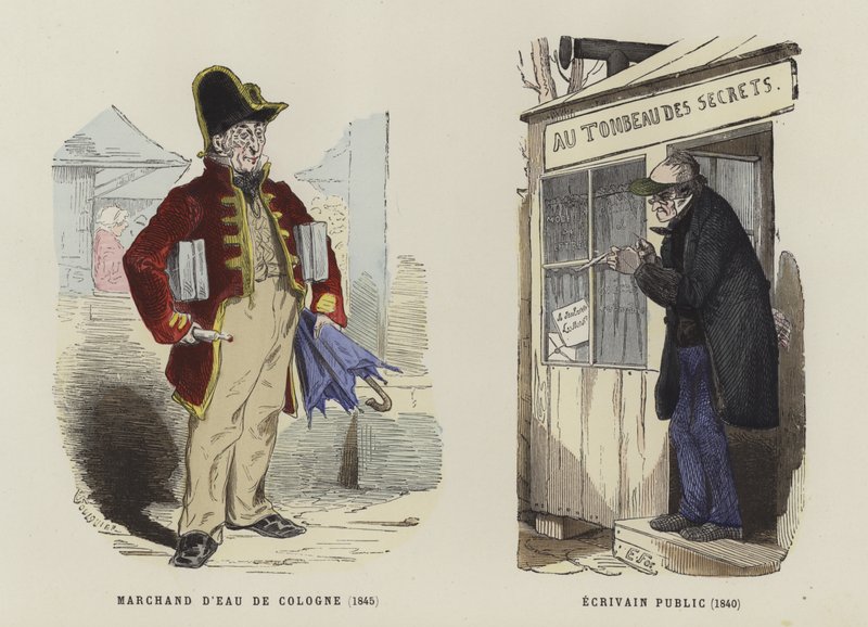 Eau de Cologne satıcısı, 1845 ve kamu yazarı, 1840 by French School