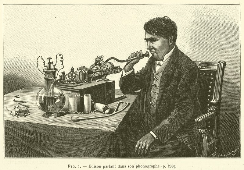 Edison fonografına konuşuyor (gravür) by French School