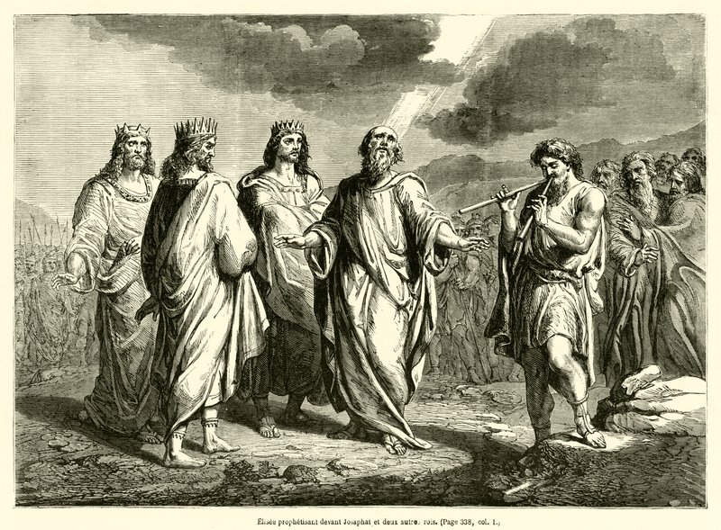 Elişa, Yehoşafat ve diğer iki kralın önünde peygamberlik ediyor (gravür) by French School