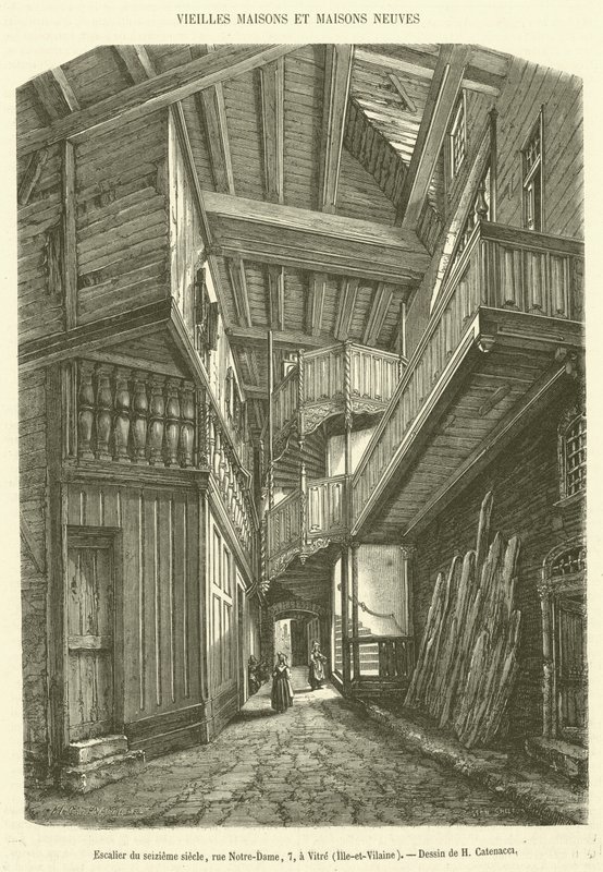 On altıncı yüzyıl merdiveni, rue Notre-Dame, 7, Vitre, Ille-et-Vilaine (gravür) by French School