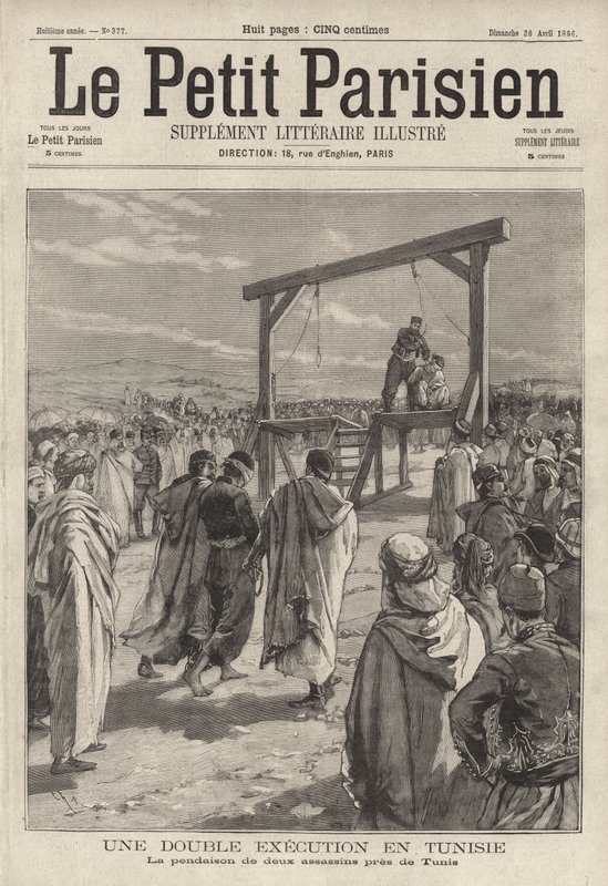 Tunus, Tunus yakınlarında iki suikastçıyı asarak infaz (gravür) by French School