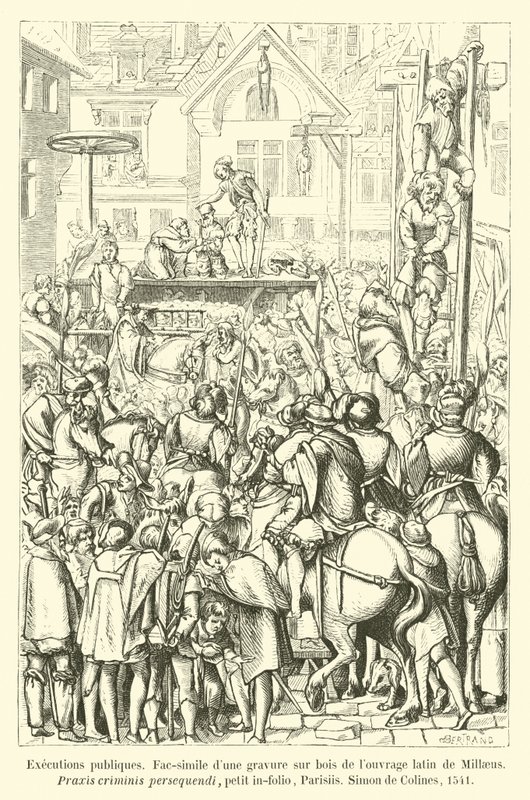 Yürütme yayınları, Fac-simile kumul gravürü sur bois de louvrage latin de Millaeus, Praxis criminis persequendi, petit in-folio, Parisiis, Simon de Colines, 1541 by French School
