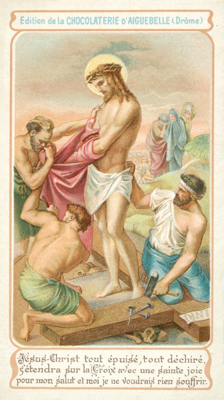 Yorgun İsa çarmıha gerilmeye hazırlanıyor (chromolitho) by French School