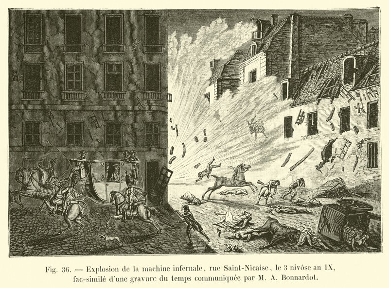 Cehennem makinesinin patlaması, rue Saint-Nicaise, 3 Nivose Year IX, M A Bonnardot tarafından iletilen bir zaman gravürünün tıpkıbasımı by French School