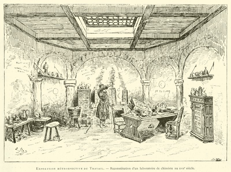 Emek retrospektif sergisi, 17. yüzyılda bir kimyager laboratuvarının yeniden inşası (gravür) by French School