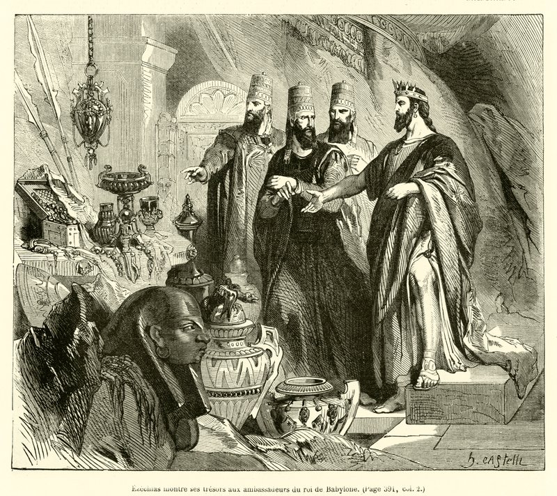 Hizkiya hazinelerini Babil kralının elçilerine gösteriyor (gravür) by French School