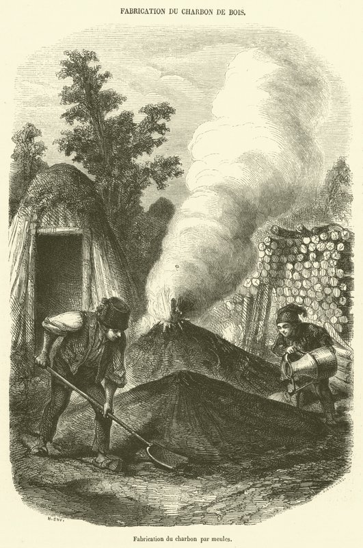Değirmen taşlarıyla kömür imalatı (gravür) by French School