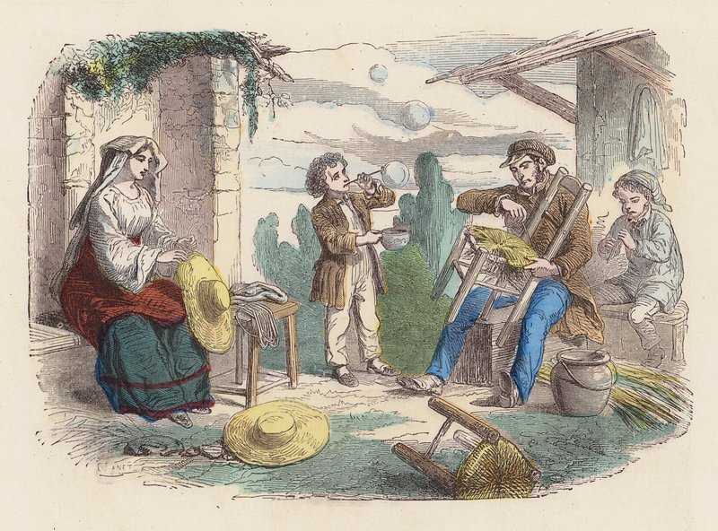 Samanla çalışan aile (renkli gravür) by French School
