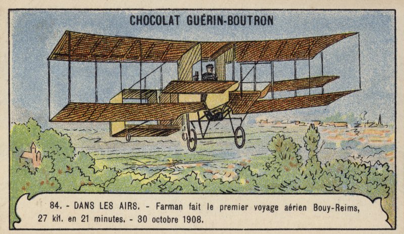Farman, Avrupa'daki ilk kros uçak uçuşunu yapıyor, Bouy'den Reims, Fransa, 30 Ekim 1908 (chromolitho) by French School