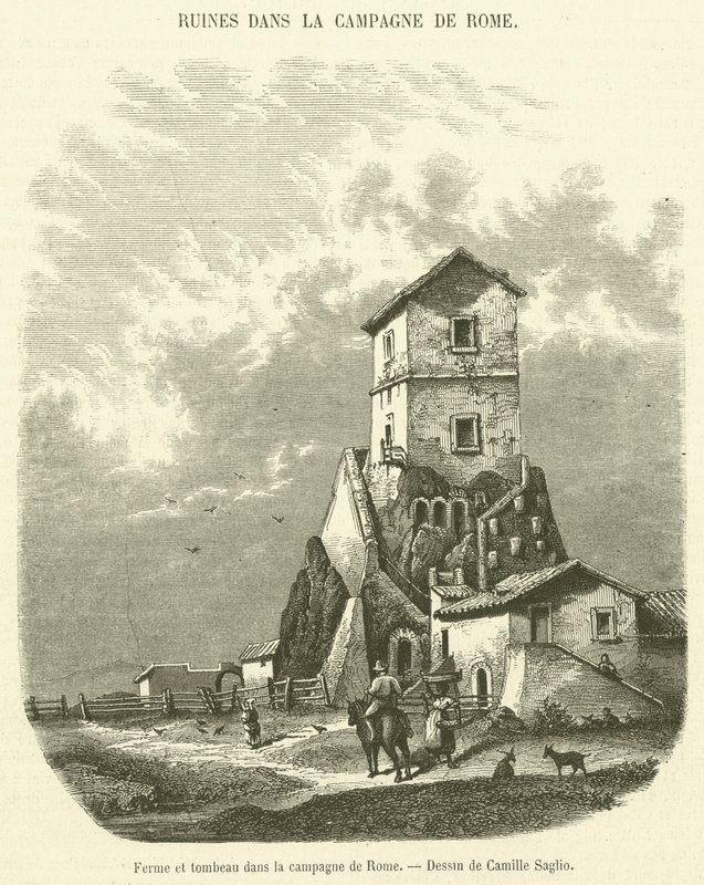 Roma kırsalında çiftlik ve mezar (gravür) by French School