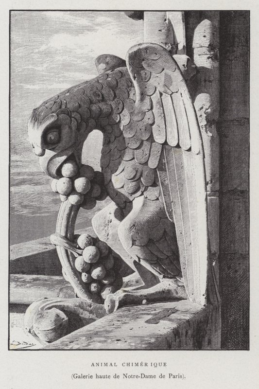 Notre Dame de Paris'in üst galerisinden kimerik bir hayvan figürü (lito) by French School