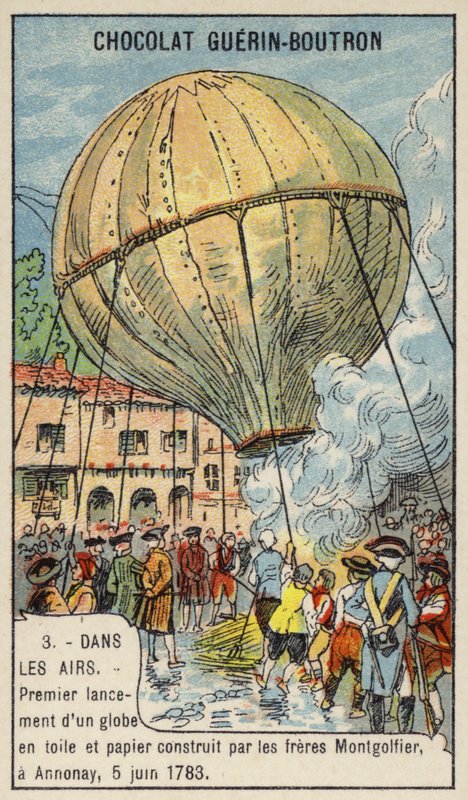 Sıcak hava balonunun Montgolfier Brothers tarafından ilk kez fırlatılması, Annonay, Fransa, 5 Haziran 1783 (chromolitho) by French School