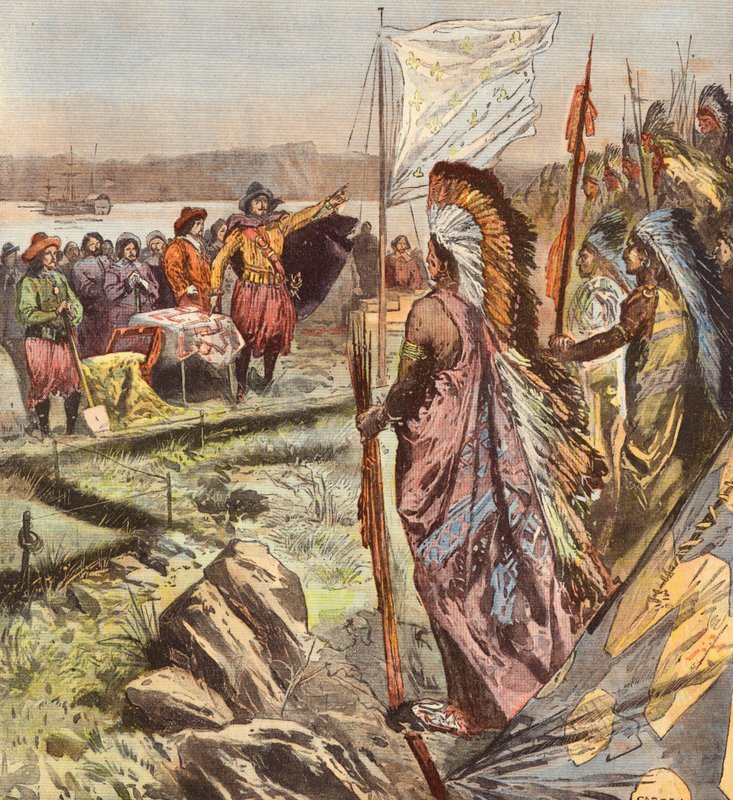 Samuel de Champlain tarafından Quebec şehrinin kuruluşu (renkli taş baskı) by French School