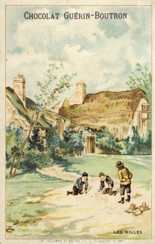 Kulübenin dışında misket oynayan Fransız çocuklar (chromolitho) by French School