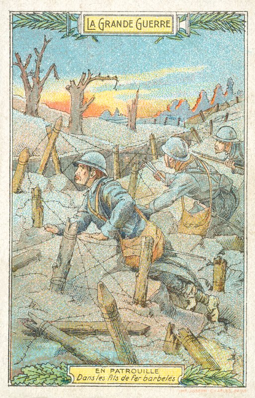 Dikenli teller arasında Fransız devriyesi, I. Dünya Savaşı (chromolitho) by French School