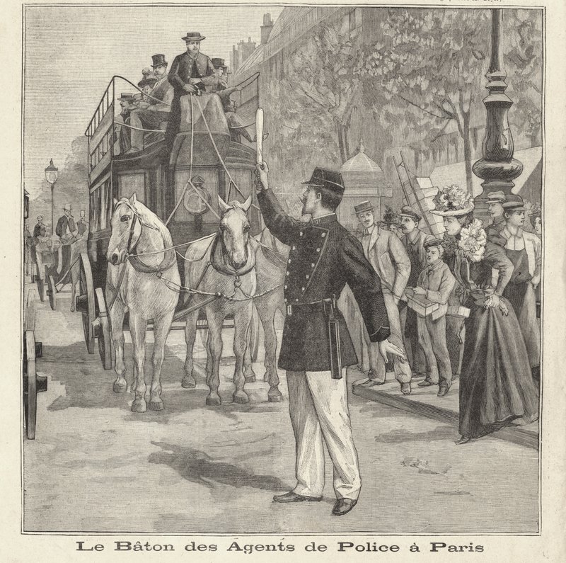 Paris sokaklarında trafiği yönlendirmek için copunu kullanan Fransız polisi (gravür) by French School