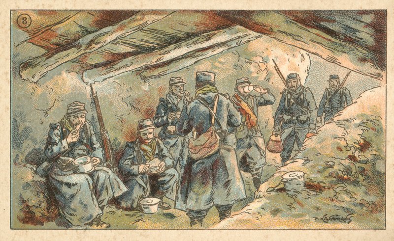 Fransız askerleri sığınakta yemek yiyor, Birinci Dünya Savaşı (chromolitho) by French School