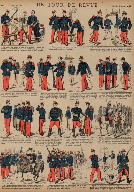 İnceleme gününde Fransız askerleri (renkli gravür) by French School