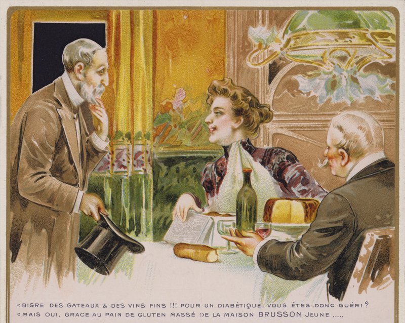 Fransız ticaret kartı reklamı Brusson Jeune's glüten ekmeği diyabet için bir tedavi olarak by French School