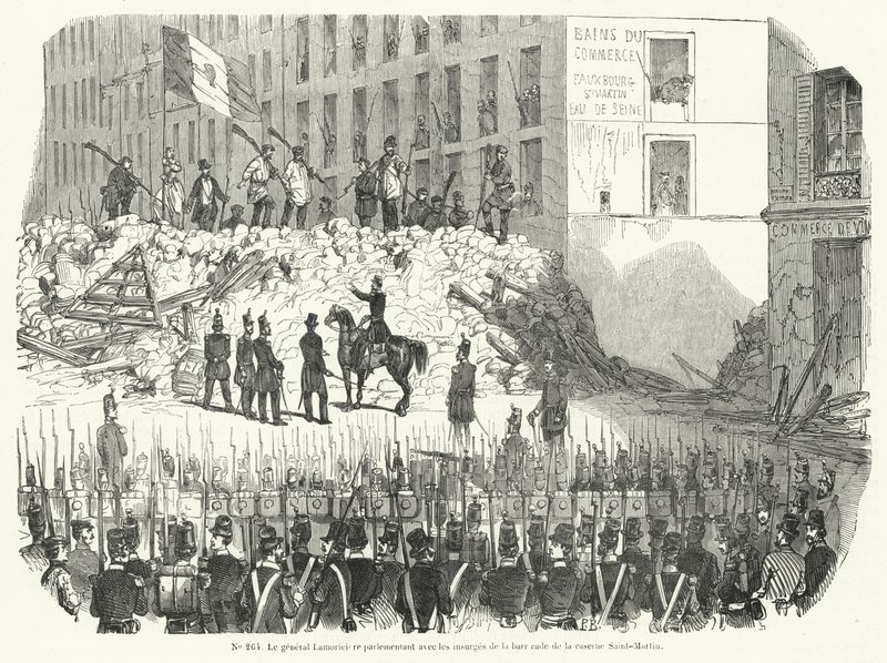 General Lamoriciere, Saint Martin kışlası dışındaki barikatlarını savunan silahlı işçilerle müzakere ediyor, Paris, 23 Haziran 1848 (gravür) by French School