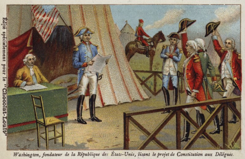 George Washington delegelere Amerika Birleşik Devletleri Anayasası taslağını okuyor by French School