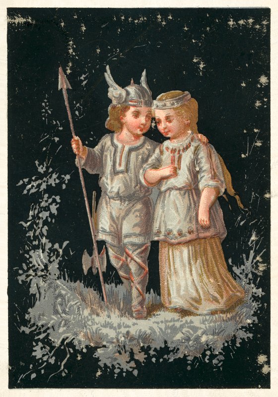 İskandinav veya Germen kostümlü kız ve erkek (chromolitho) by French School