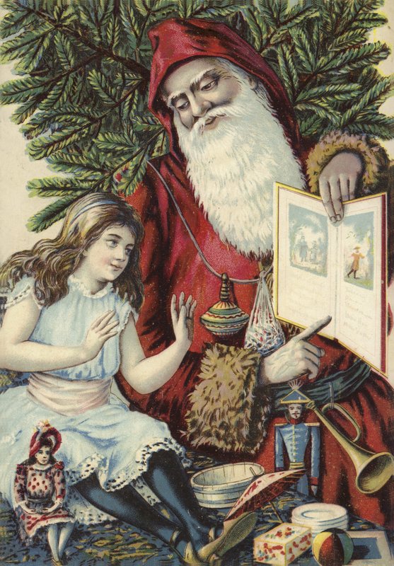 Kız Noel Baba tarafından resimli kitap gösteriliyor by French School