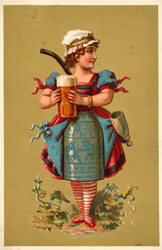 Büyük bir bardak bira (chromolitho) tutan kız by French School