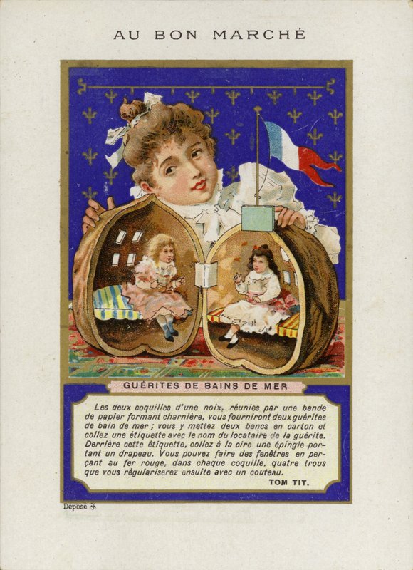 Ceviz kabuğu içinde oturan bebeklerle oynayan kız, Guerites de bains de mer by French School