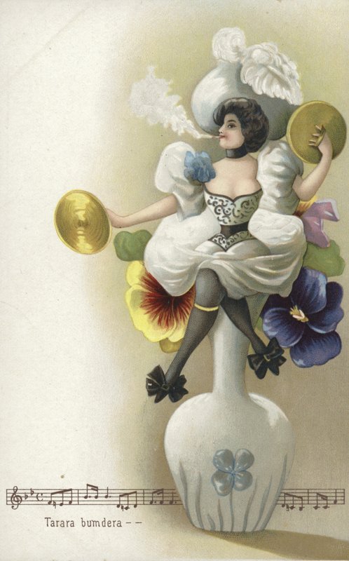Vazoda oturmuş sigara içen ve zil çalan kız (chromolitho) by French School