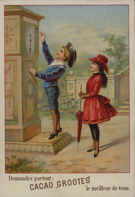 Saati ayarlayan bir çocuğu izleyen kız (chromolitho) by French School