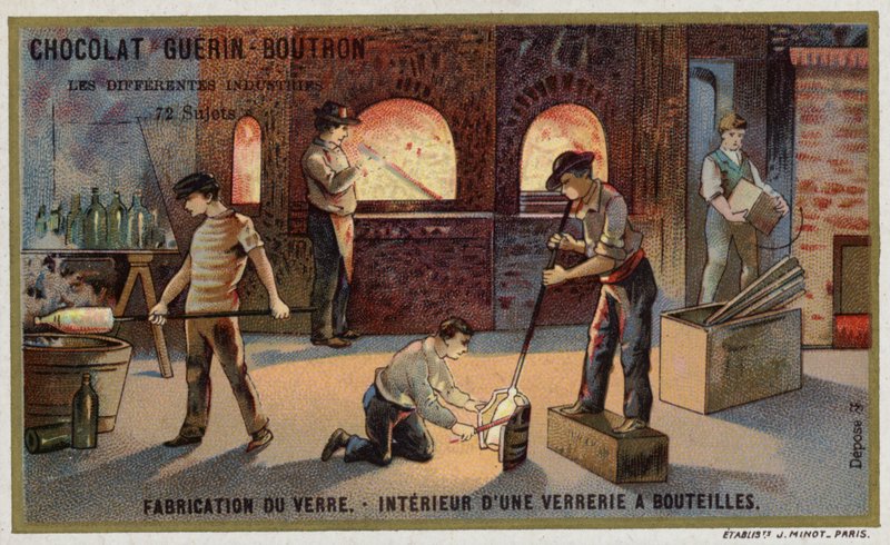 Cam imalatı. Bir şişe üretim tesisinin içi (chromolitho) by French School