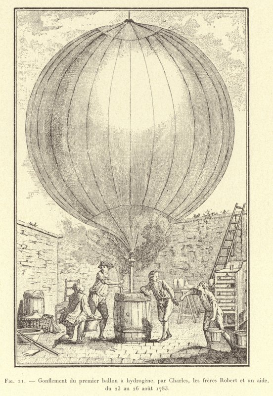 İlk hidrojen balonunun şişirilmesi, Charles, Robert kardeşler ve bir asistan tarafından, 23-26 Ağustos 1783 (gravür) by French School