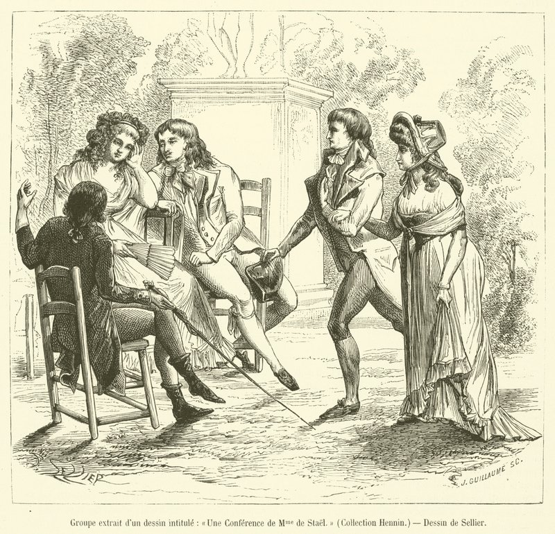 Grup, Une Lecture de Madame de Stael, Collection Hennin (gravür) başlıklı bir çizimden alınmıştır. by French School