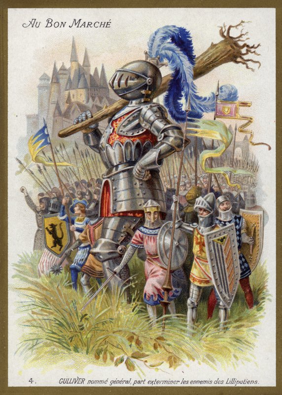 General olarak atanan Gulliver, Lilliputluların (chromolitho) düşmanlarını yok etmek için yola çıkar. by French School