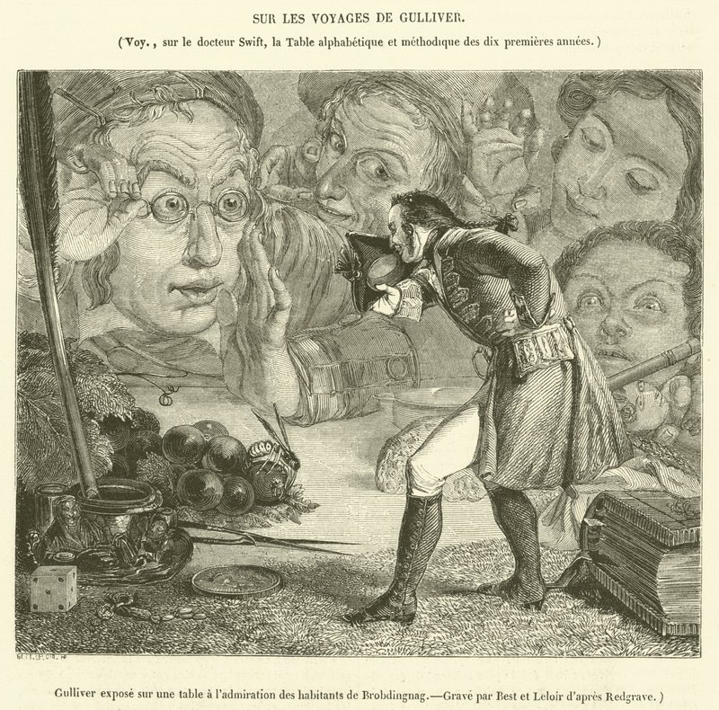 Gulliver, bir masanın üzerinde Brobdingnag sakinlerinin hayranlığına maruz kaldı (gravür) by French School